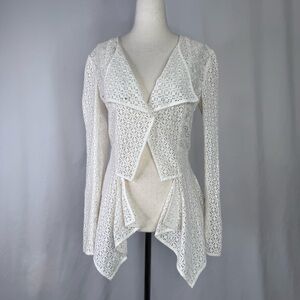 Marchesa Voyage white lace jacket nipped waist handkerchief hem snaps SAMPLE 4